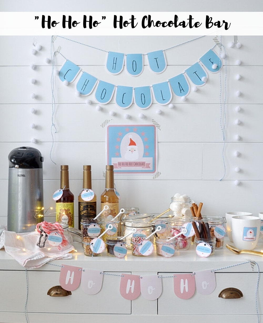 Ho Ho Ho Hot Chocolate Bar: set up the perfect Christmas hot chocolate bar with our printable package that includes labels, poster, bunting, and more.