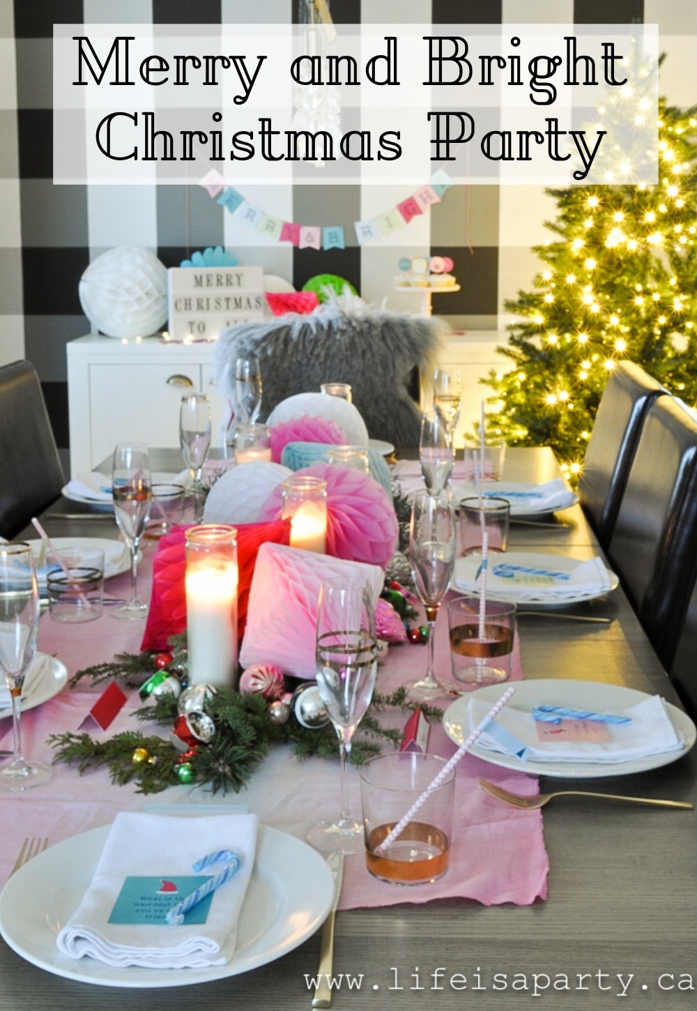 Merry and Bright Christmas Party Set: these party printables include menus, place cards, straw flags, conversations starters, cupcake picks, and a banner.