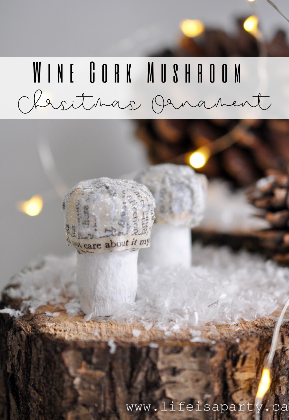 Wine Cork Mushroom Christmas Ornament: up-cycle an old sparkling wine cork to make a Christmas ornament with craft paint, book pages, and glitter.