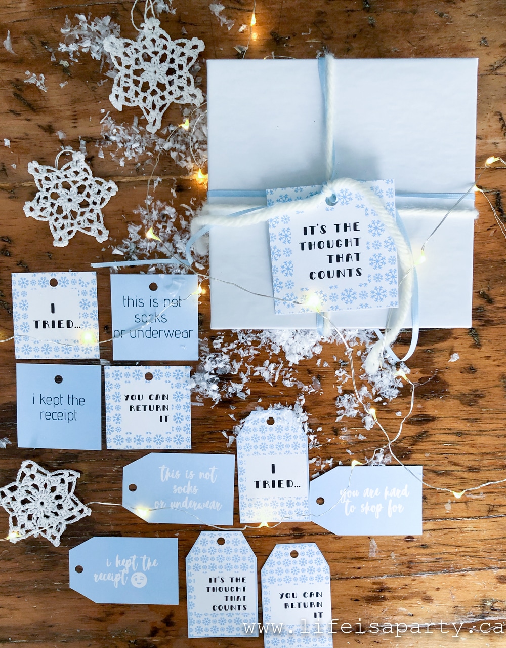 Printable Christmas Gift Tags: these funny Christmas tags come in blue, black and white, red and green, or a colourful muliti-color set.
