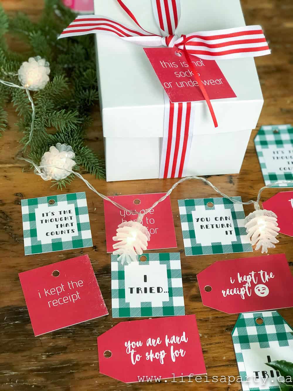 Printable Christmas Gift Tags: these funny Christmas tags come in blue, black and white, red and green, or a colourful muliti-color set.