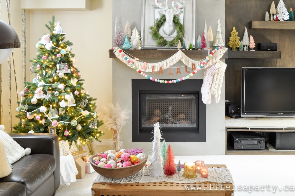 Colourful Pastel Christmas family room decor