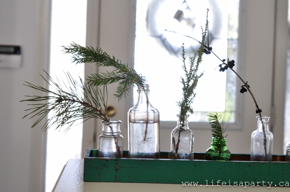 vintage glass bottles with Christmas greens