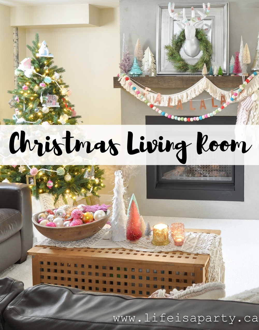 Pastel Christmas Living Room: Inspired by Anthropologie, with bottle brush Christmas trees, mercury glass, vintage ornaments, macrame, & pastel colours.