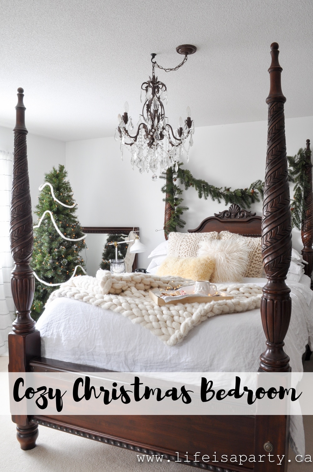 Cozy Christmas Bedroom: Linen and chunky knits, a Christmas tree, candles, and a Christmas gallery wall help create a cozy space for Christmas.