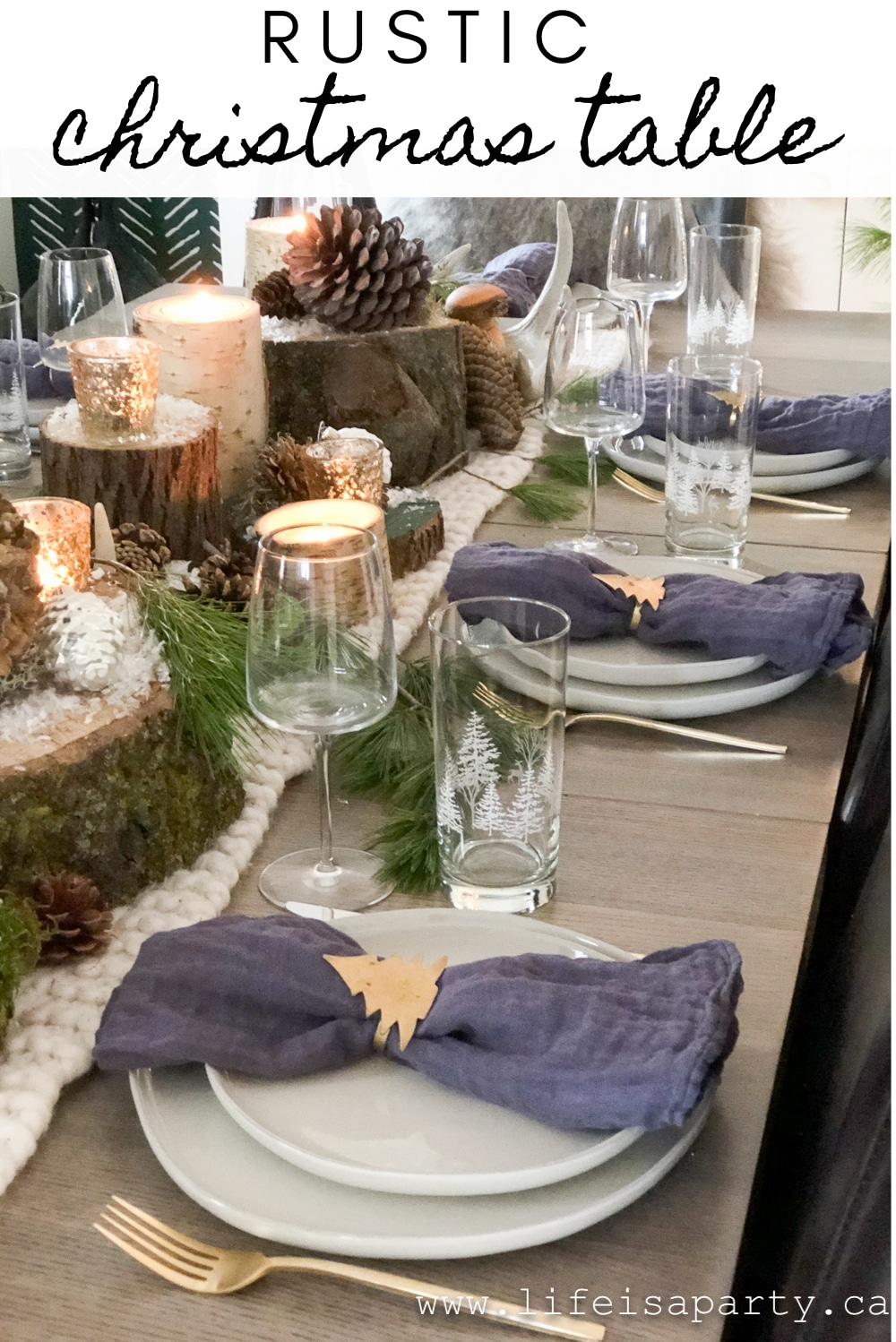 Rustic Christmas Table Decor: wood pieces make a rustic centrepiece with pinecones, candles, and faux snow for a little Christmas magic.