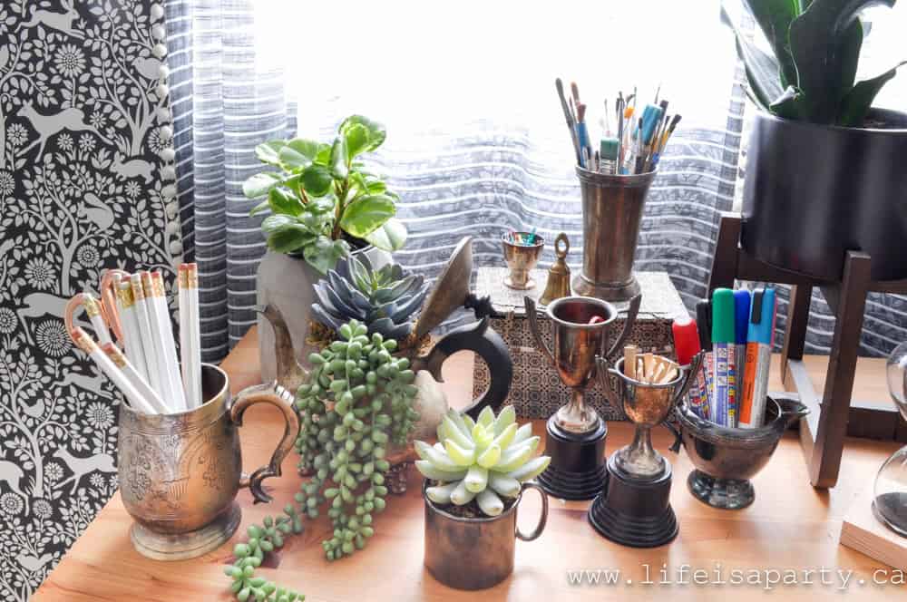 Desk Organization: get your office and craft room organized with unlikely and beautiful containers of silver, wood, and metal from the thrift store.