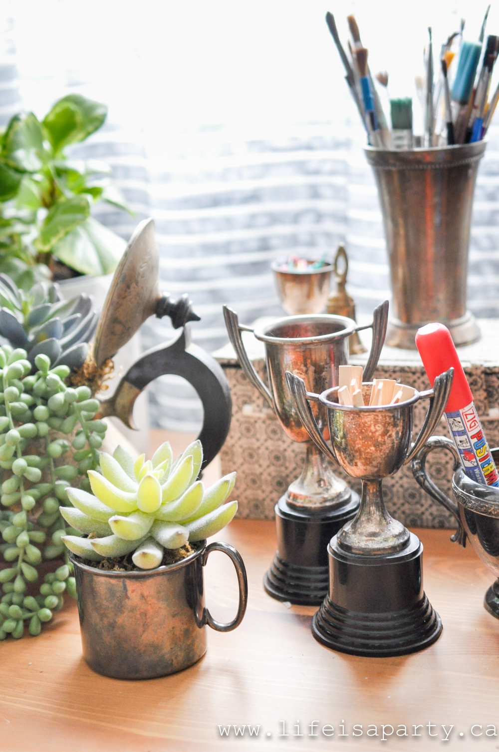 Desk Organization: get your office and craft room organized with unlikely and beautiful containers of silver, wood, and metal from the thrift store.