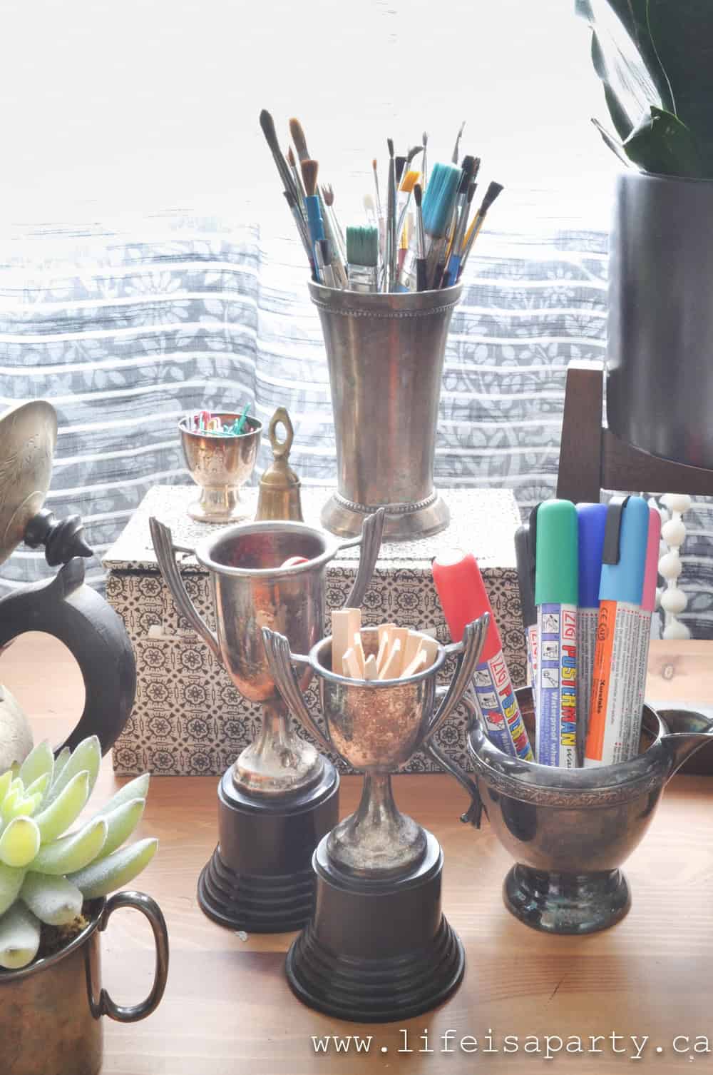 Desk Organization: get your office and craft room organized with unlikely and beautiful containers of silver, wood, and metal from the thrift store.