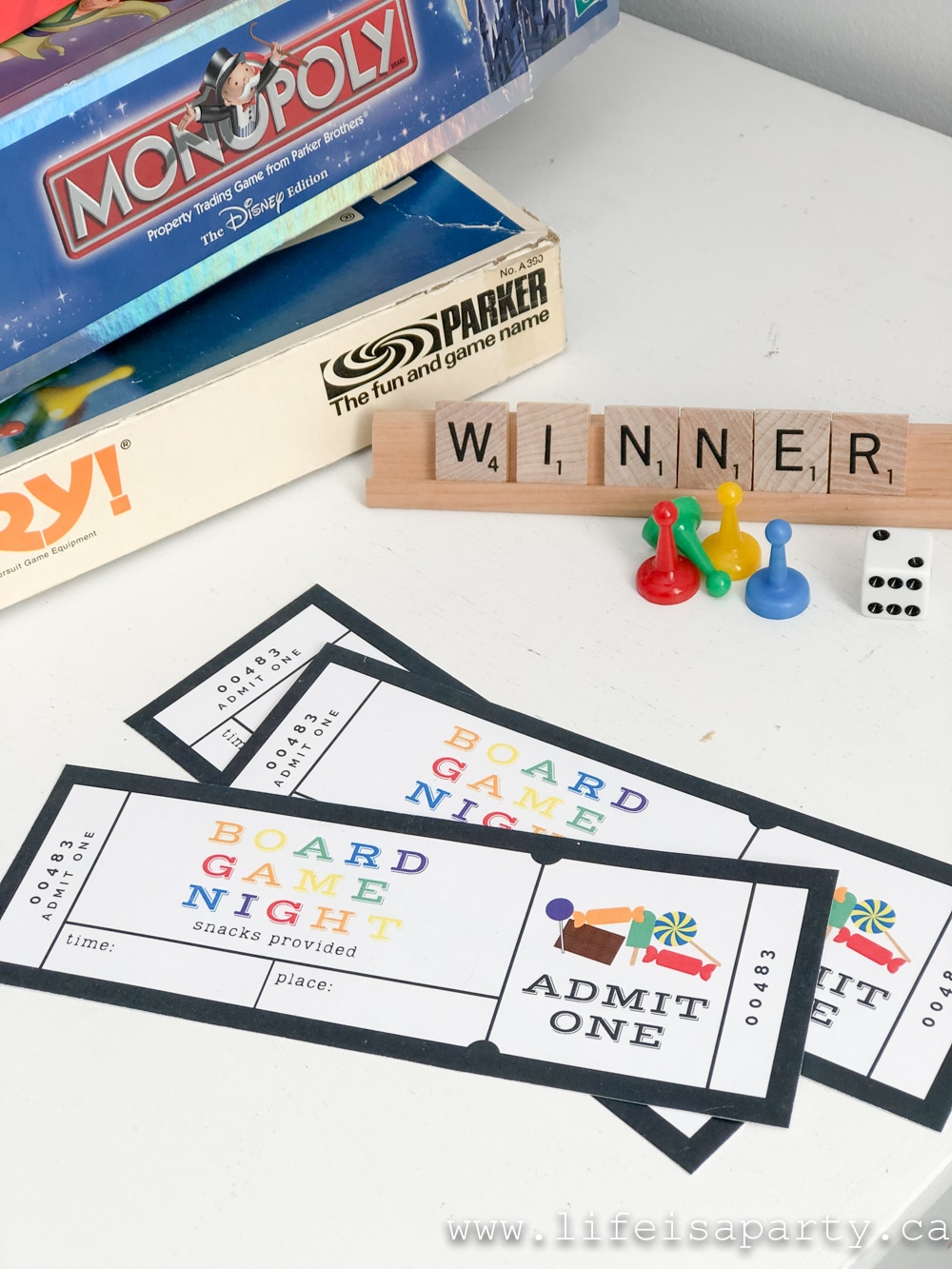 family board game party decor and free printable invitations