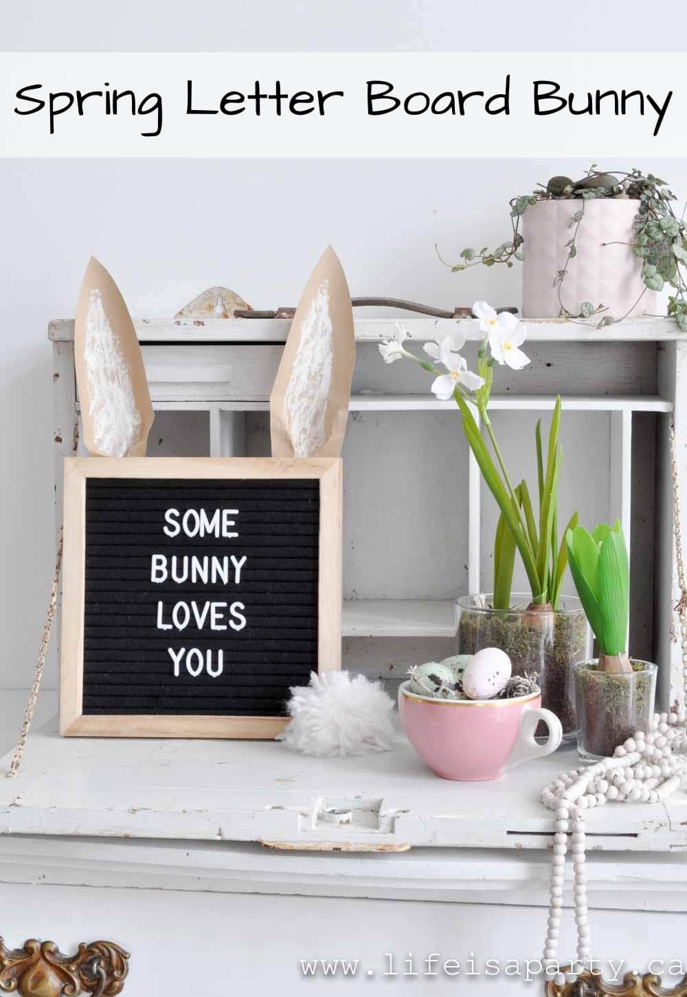 Spring Letter Board Bunny: If you're looking for spring letter board ideas you'll love this. Non-permenant bunny ears and a tail are perfect for spring.