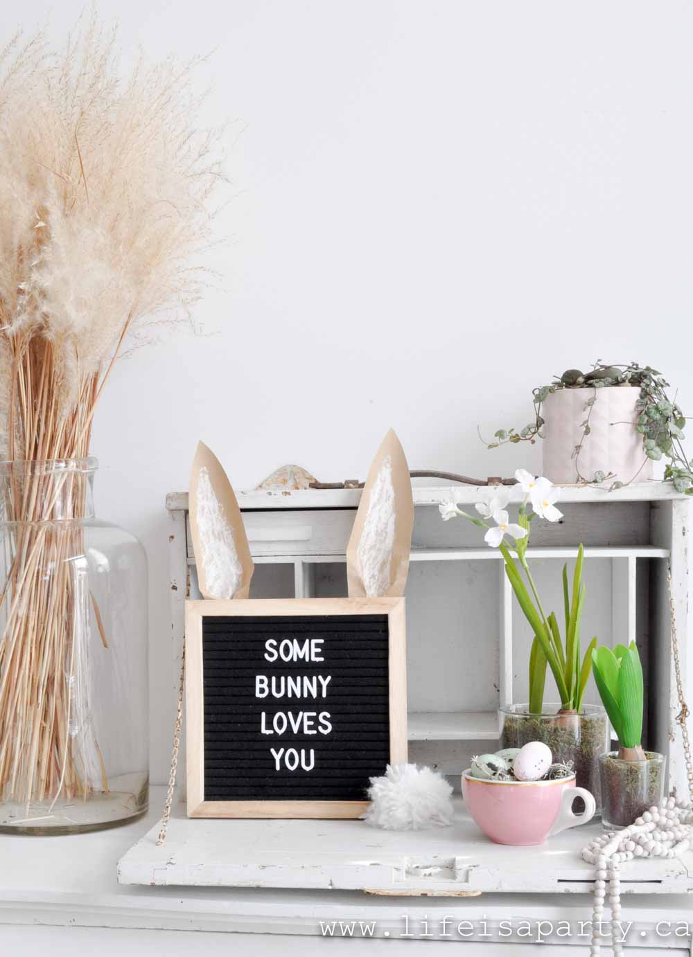 spring letter board with bunny ears and tail
