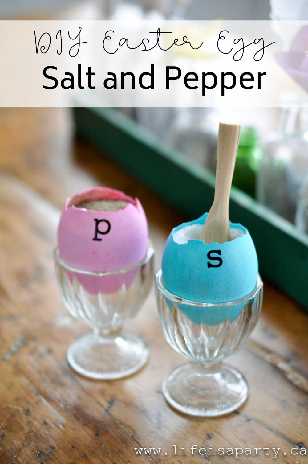 DIY Easter Egg Salt and Pepper:  Full tutorial to make these from real eggs, with a whittled wooden miniature spoon, and Cricut vinyl letters.