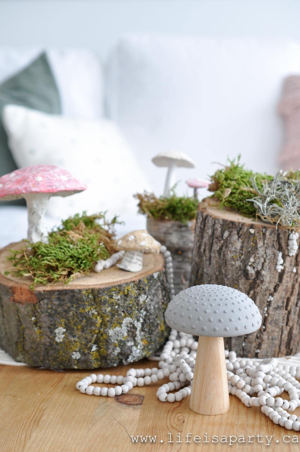 diy faux mushrooms with moss