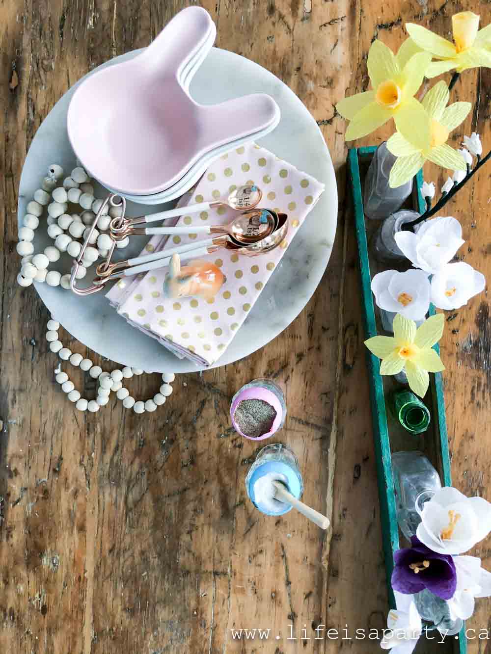 Easter table with salt and pepper pinch bowls