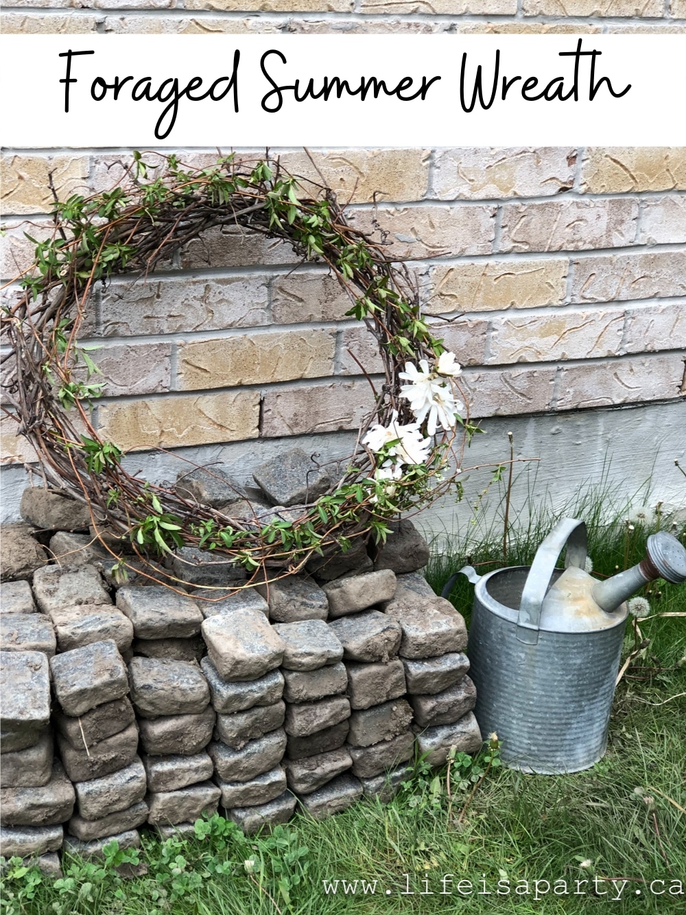 Foraged Wreath: made from foraged materials found on walks and in the garden, a base of grapevine gets a grouping of fresh flowers.