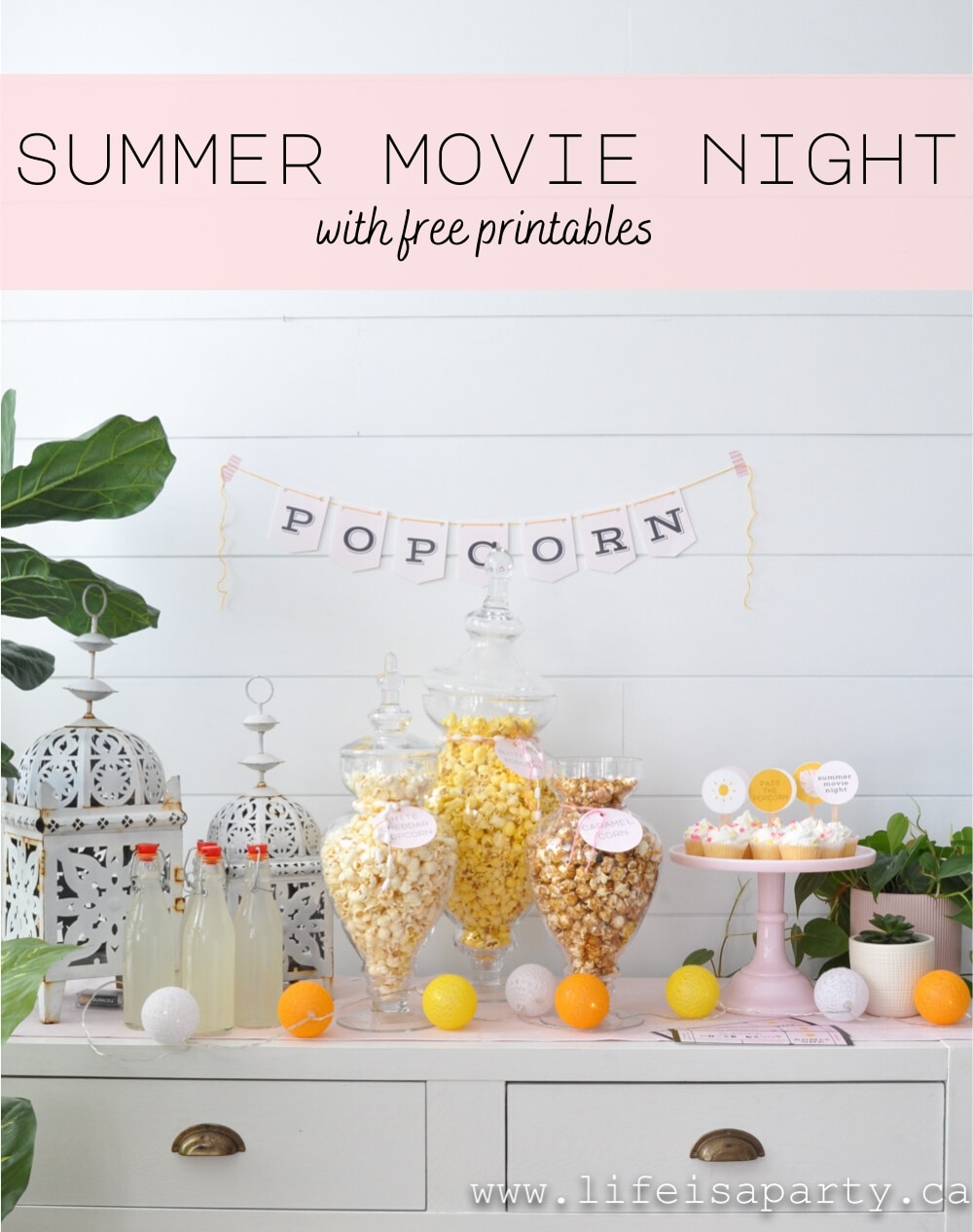 Summer Movie Night: use our free printable summer movie night ticket, popcorn banner, popcorn labels and cupcake picks to set up the perfect summer night.