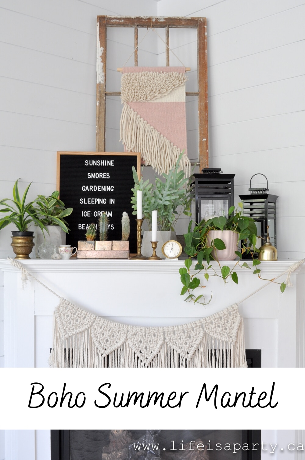 Boho Summer Mantel Decor: this relaxed summer fireplace mantel incorporates elements like brass, plants, and macrame for the perfect vibe.