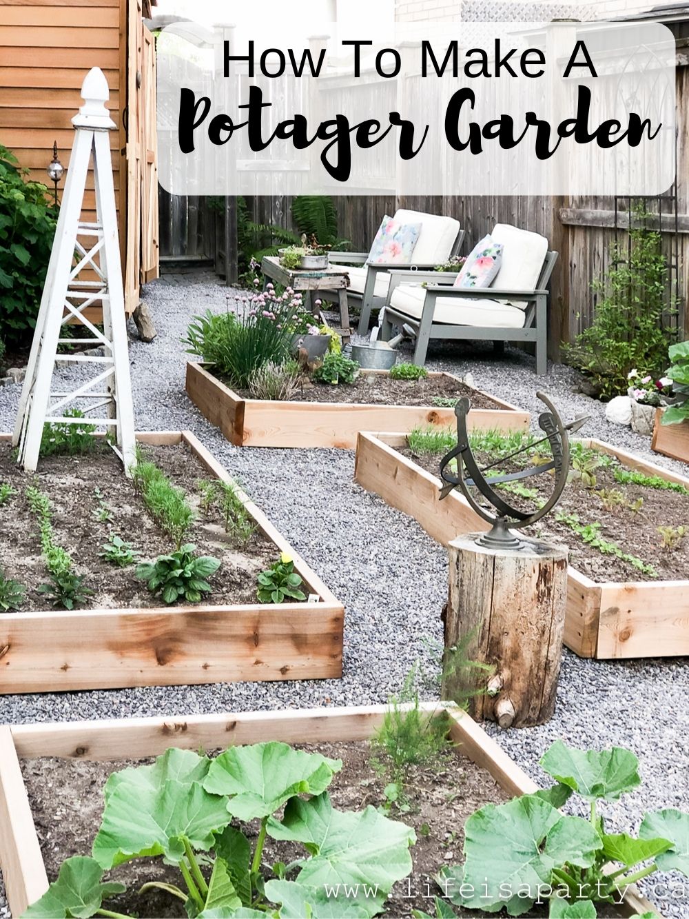 How To Make A Potager Garden: create a beautiful French kitchen garden with flowers, herbs, and vegetables in raised beds, and garden she shed.