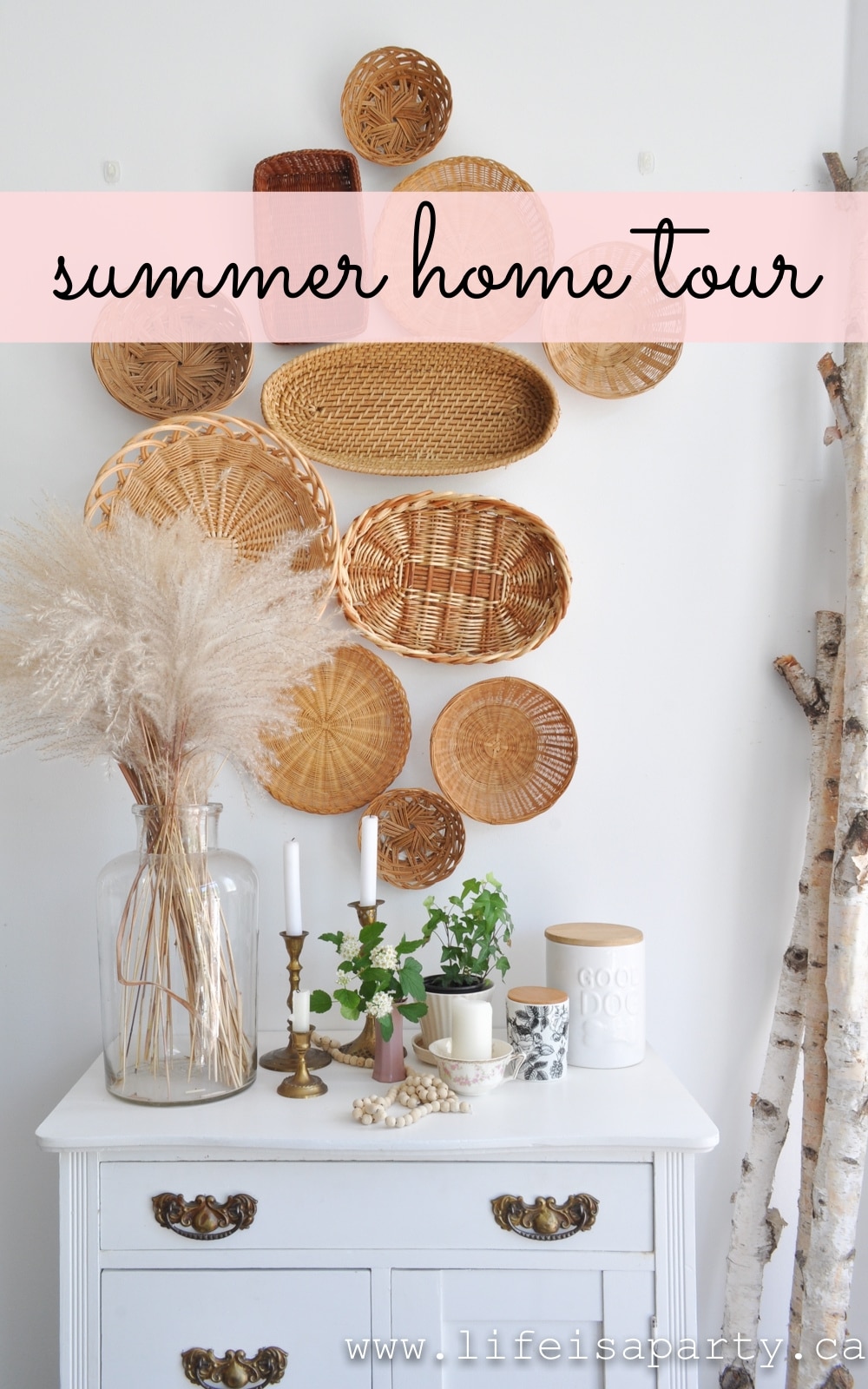 Boho Summer Home Tour: we've added in lots of plants, wicker baskets, candles, brass, fringe, and macrame for a the perfect relaxed boho summer decor.