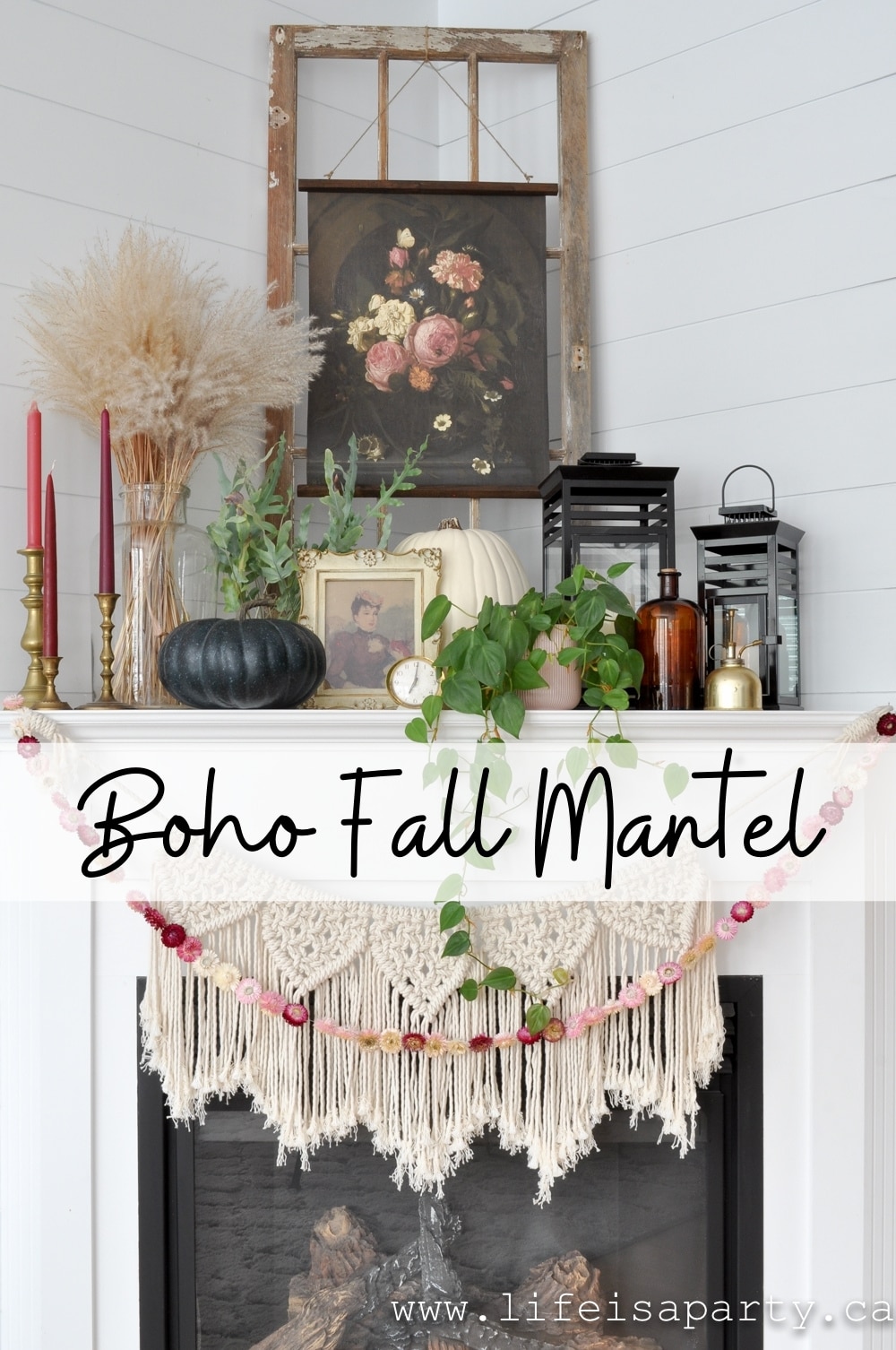Boho Fall Mantel Decor Ideas: boho styling for fall with dried grasses and flowers, brass candlesticks, house plants, and eclectic art.