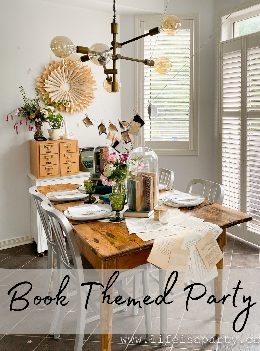 Book Themed Party: book page wreath, DIY mini book garland, book page table runner, and lots of fun vintage books and other pieces.