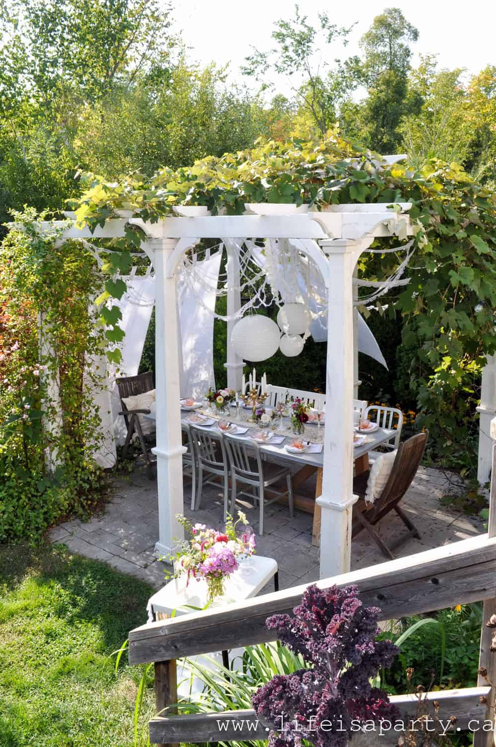 Aerial view of white garden pergola with vintage lace ribbon canopy and hanging paper lanterns above a garden tea party table surrounded by lush grapevine and garden greenery.