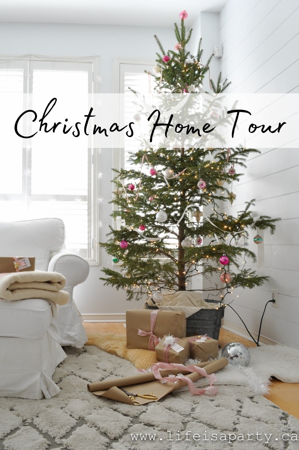 Pink Christmas Decor Home Tour: a boho rustic Scandinavian style home gets touches of pink and vintage for Christmas this year.