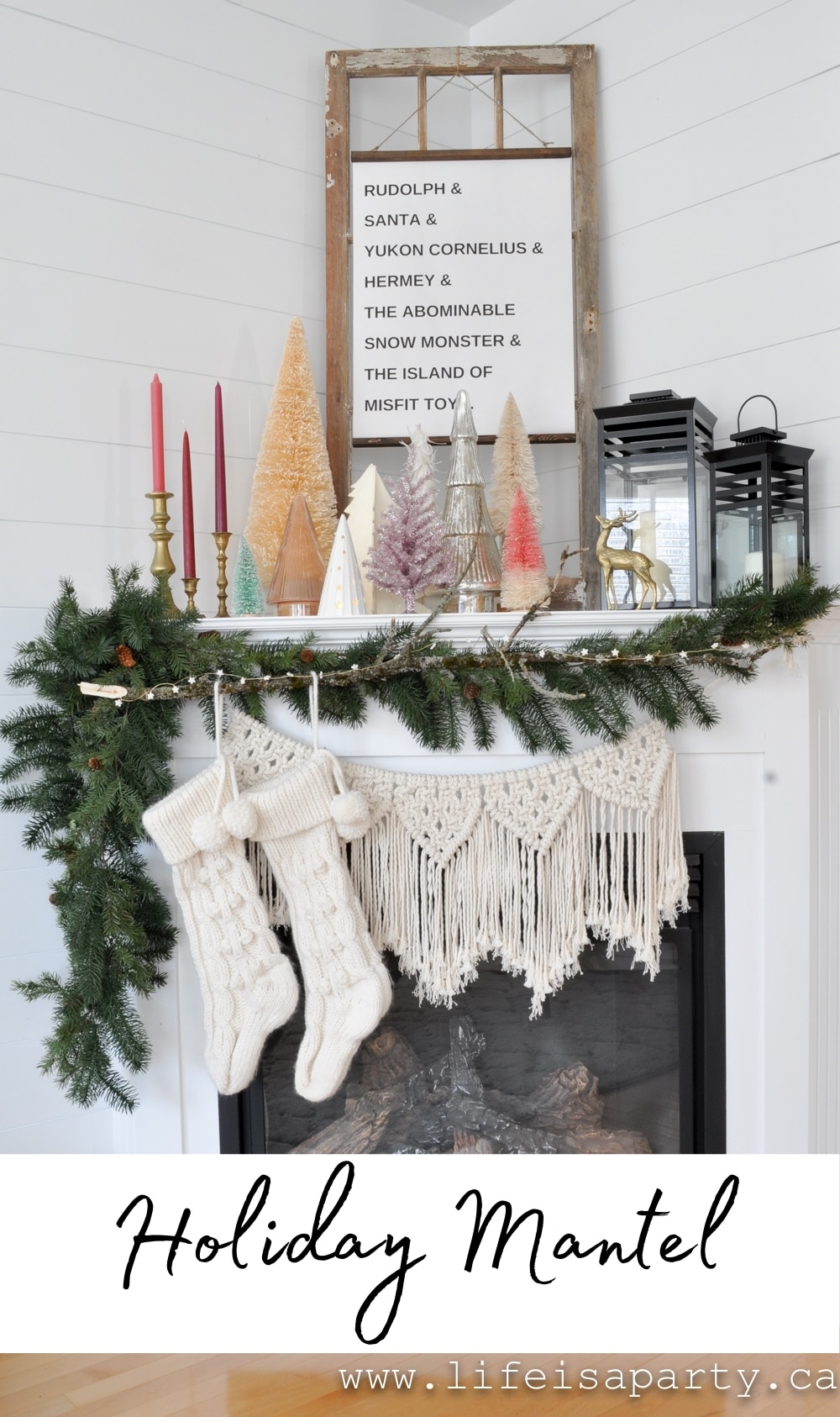 Holiday Mantel: DIY macrame garland, layered with asymmetrical garland, and DIY star garland. Plus lots of trees, and brass pieces.