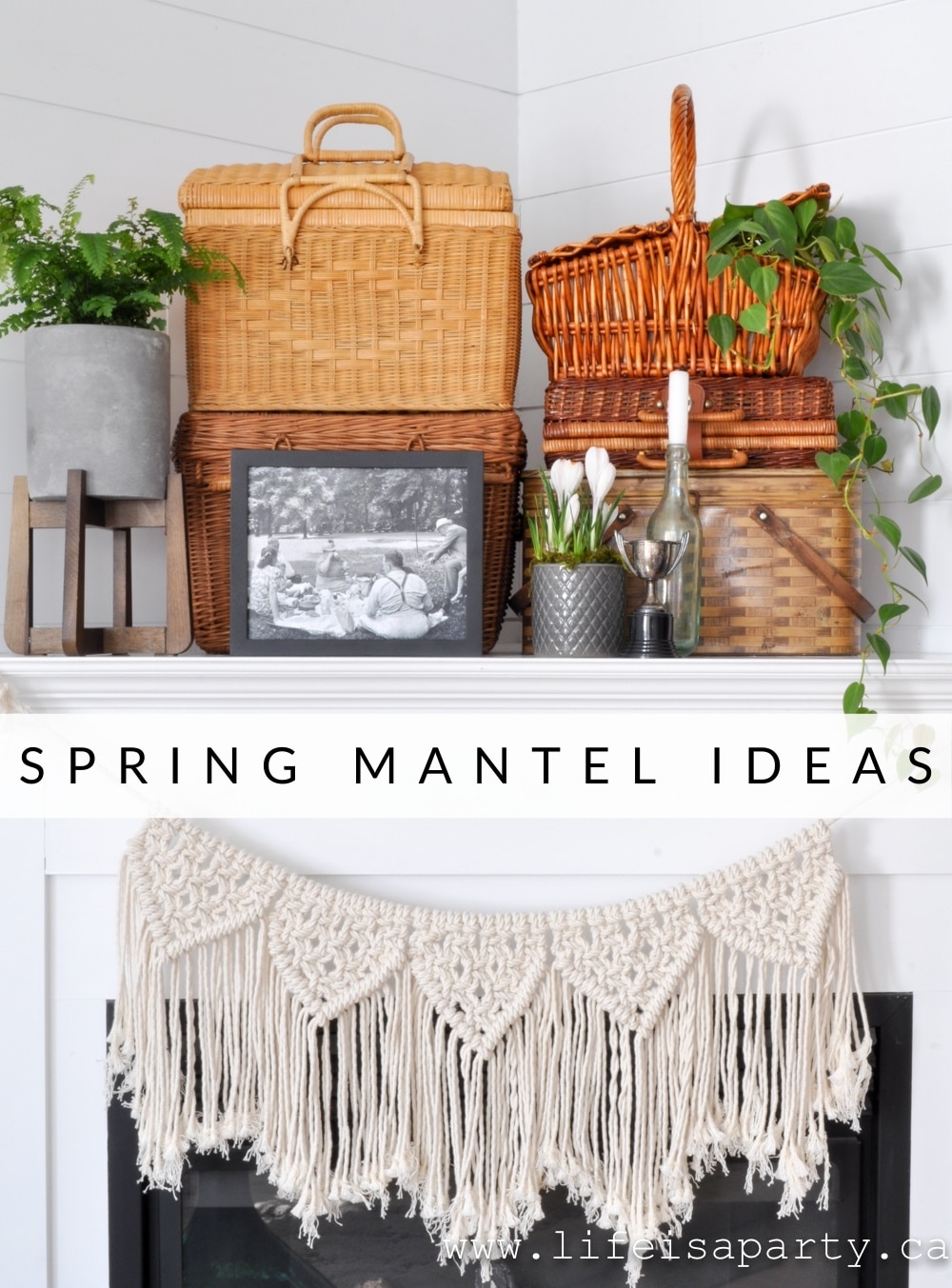Spring Mantel Ideas: inspired by spring picnics this mantel is decorated with vintage picnic baskets, and picnic art.