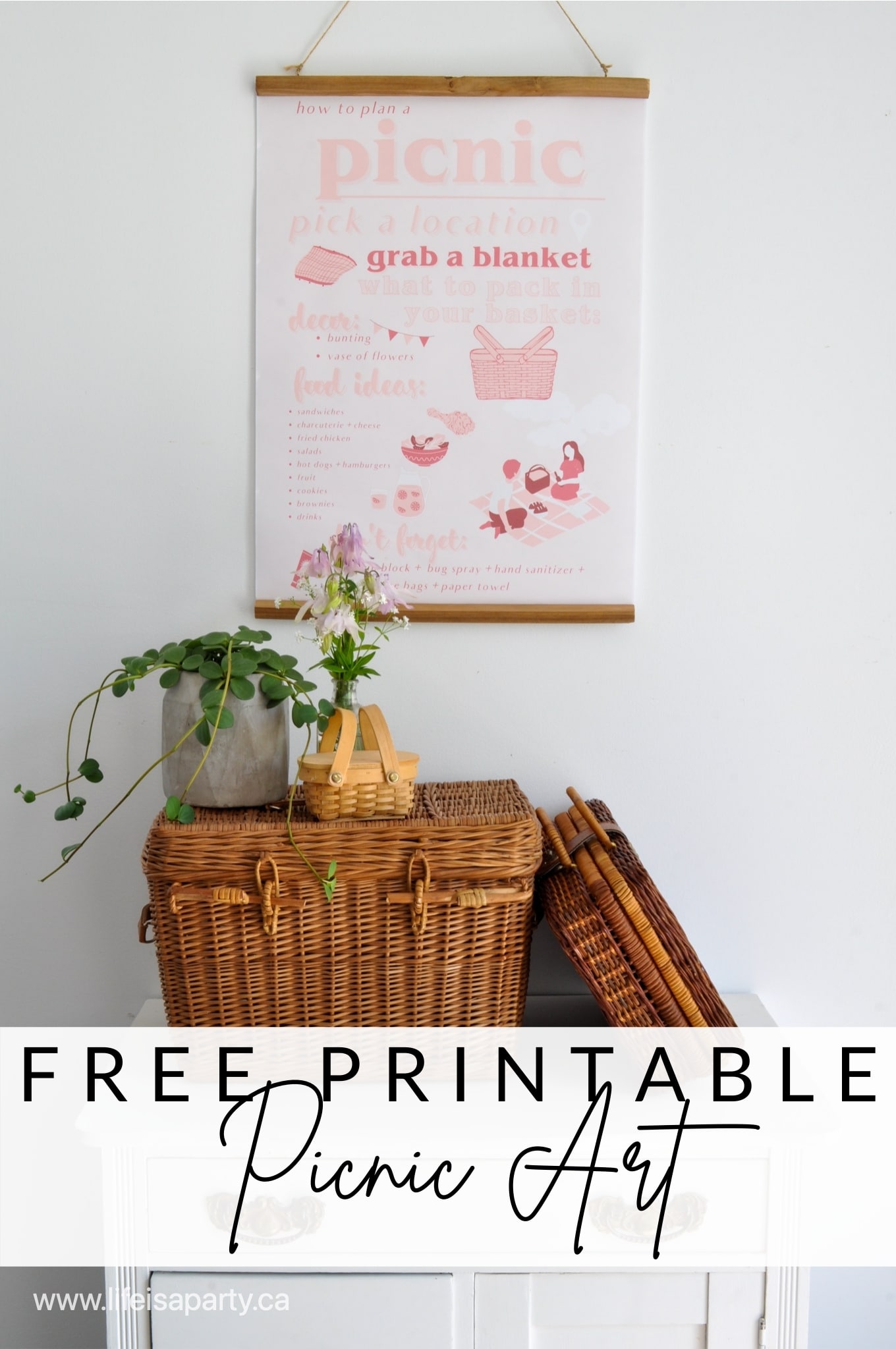 Free Picnic Art Printable: pink picnic art, perfect for your summer decor. Download and print as an 8 1/2 x 11 or large 18 x 24 size.
