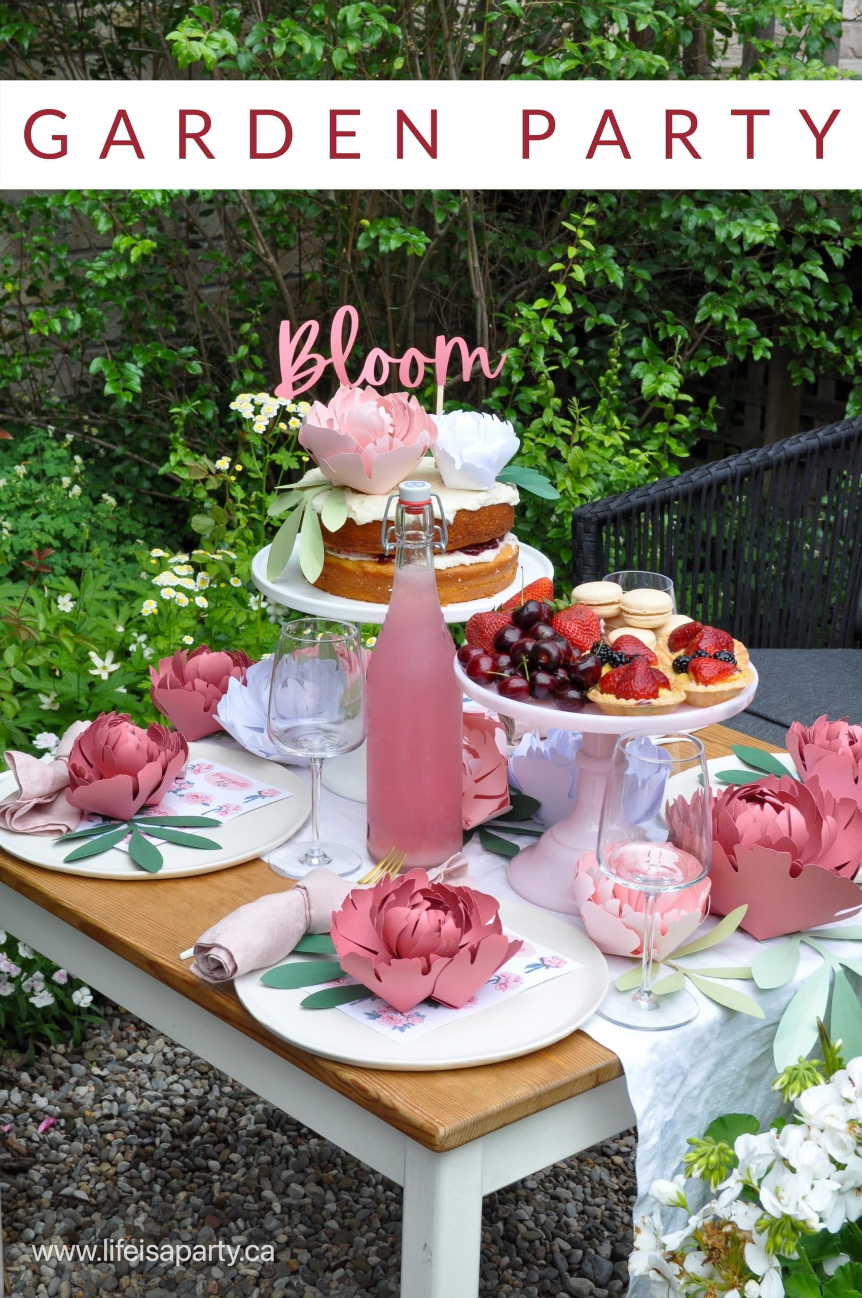 Garden Party: Easy DIY Cricut garden party decor, with custom stickers, paper flower peonies, and a DIY cake topper.