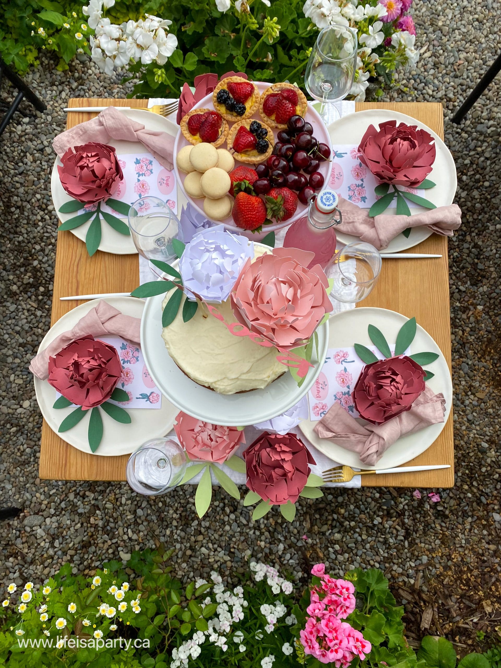 pink garden party tablescape
