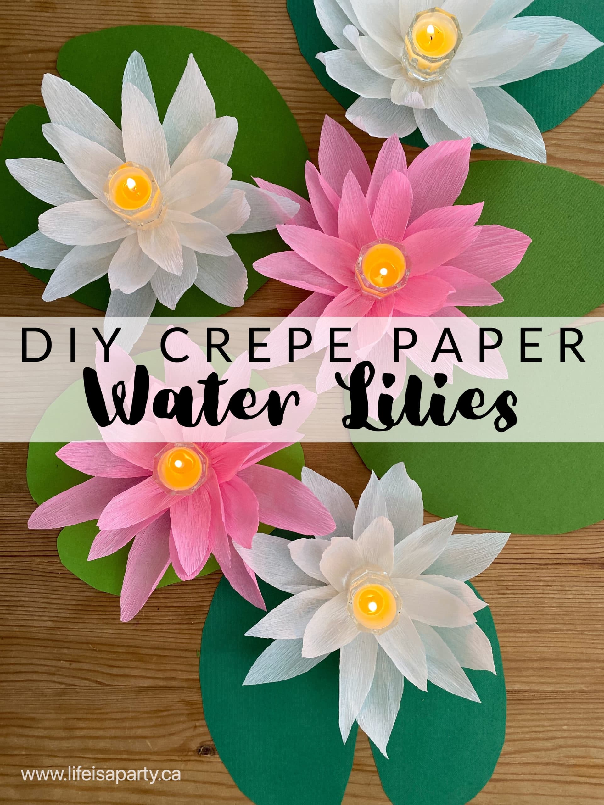 DIY Crepe Paper Water Lily -make these lilies in any colours as beautiful candle holders, and perfect The Princess and The Frog party decor. 