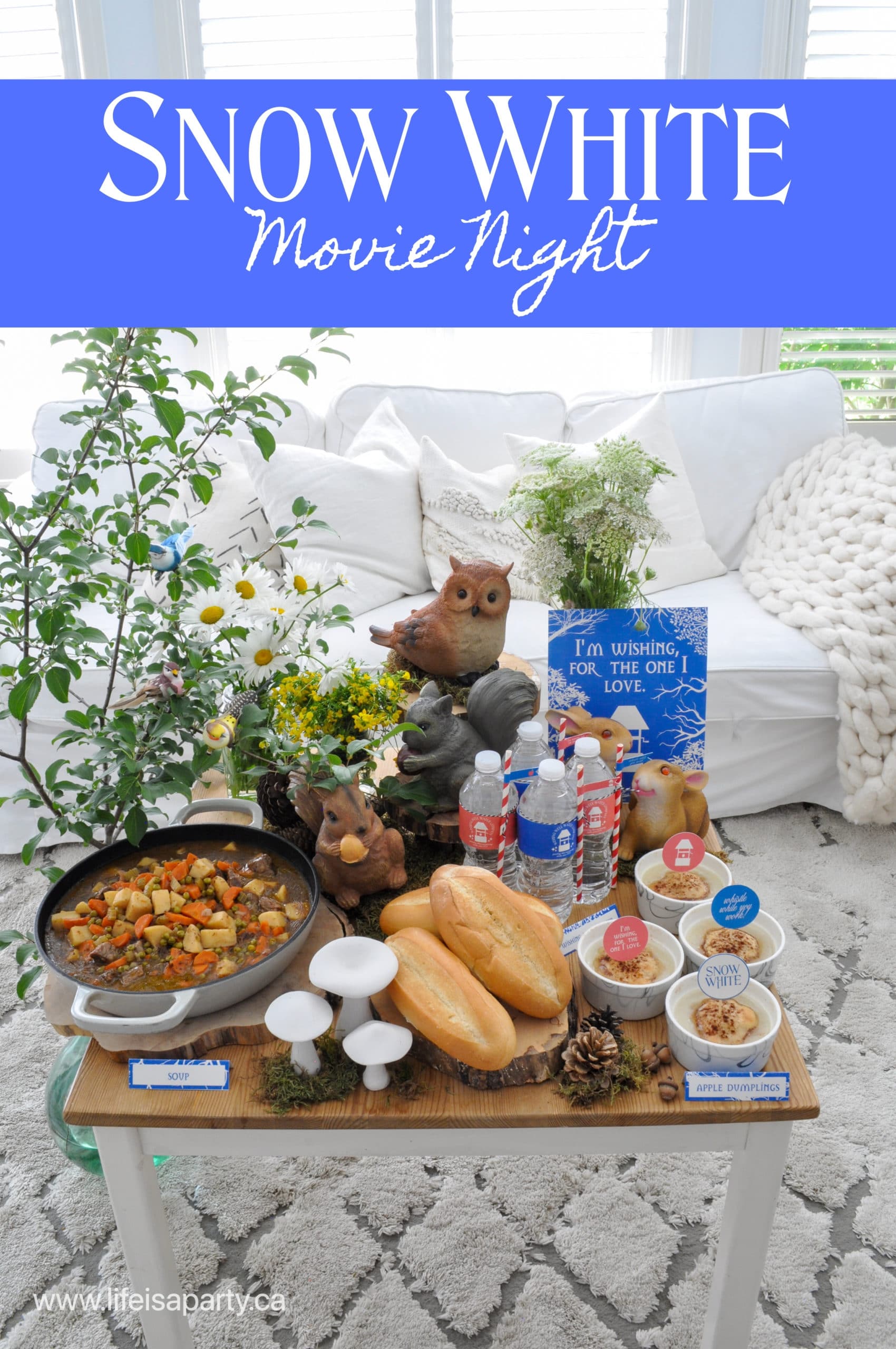 Snow White Party -Dinner and A Movie: Snow White themed dinner and party decor ideas, and Snow White printables.