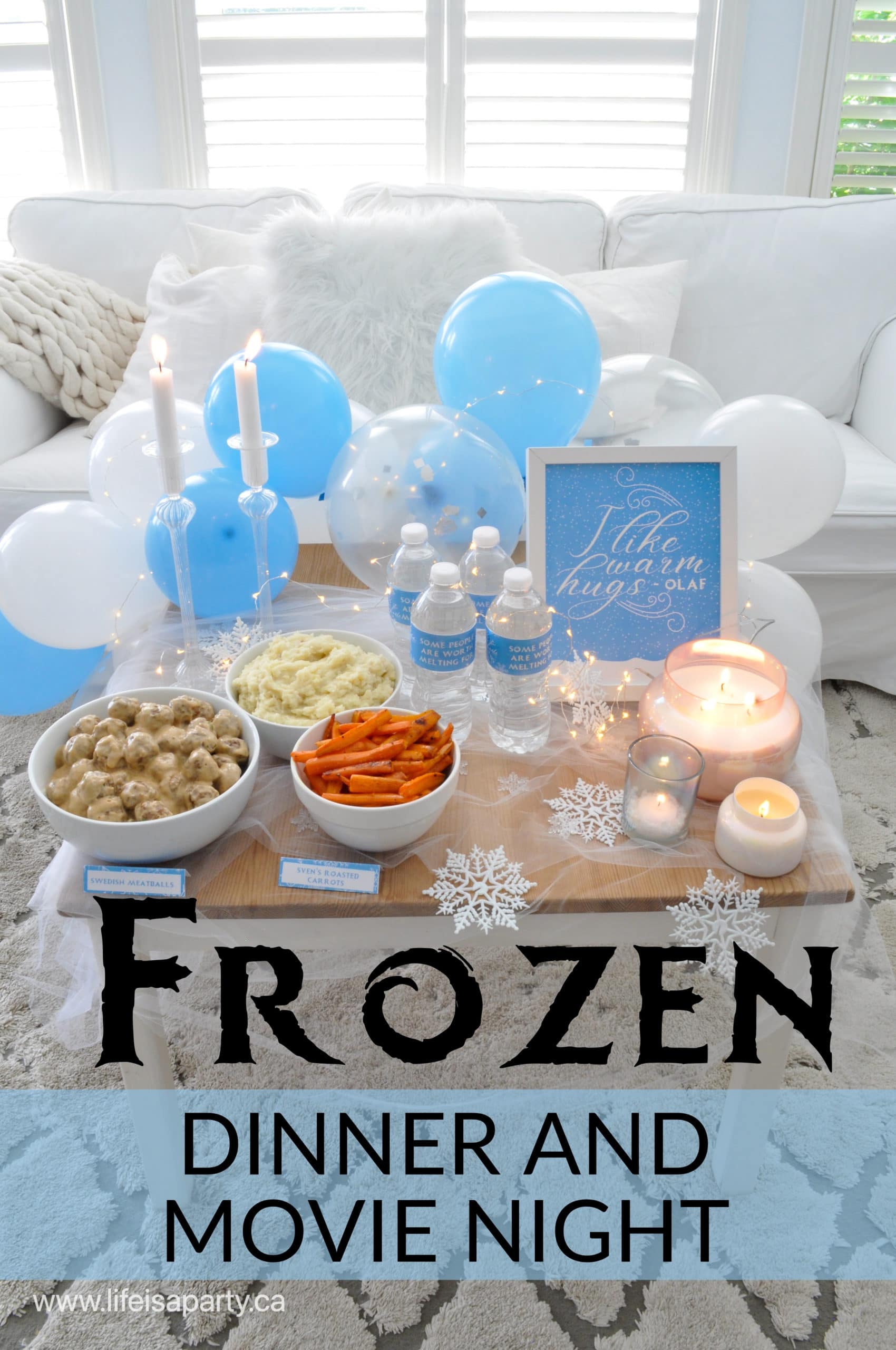 Frozen Themed Party -Dinner and Movie Night: Swedish meatballs, Sven's roasted carrots, and Frozen Ice Cream Sundaes with plenty of chocolate.