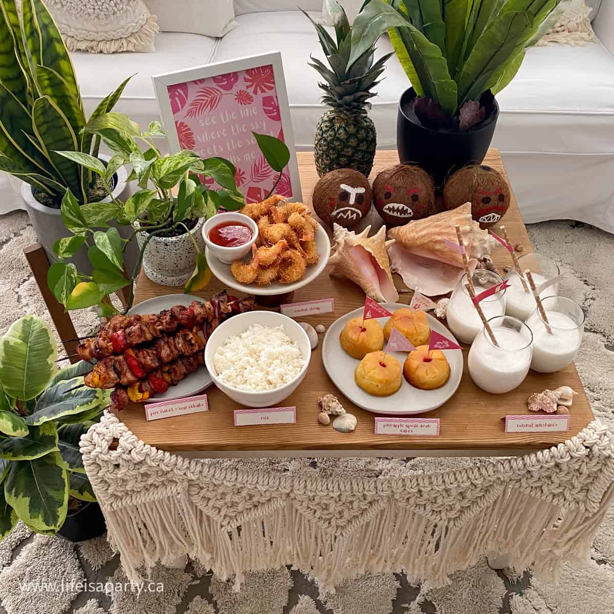Moana themed party ideas and menu with food.