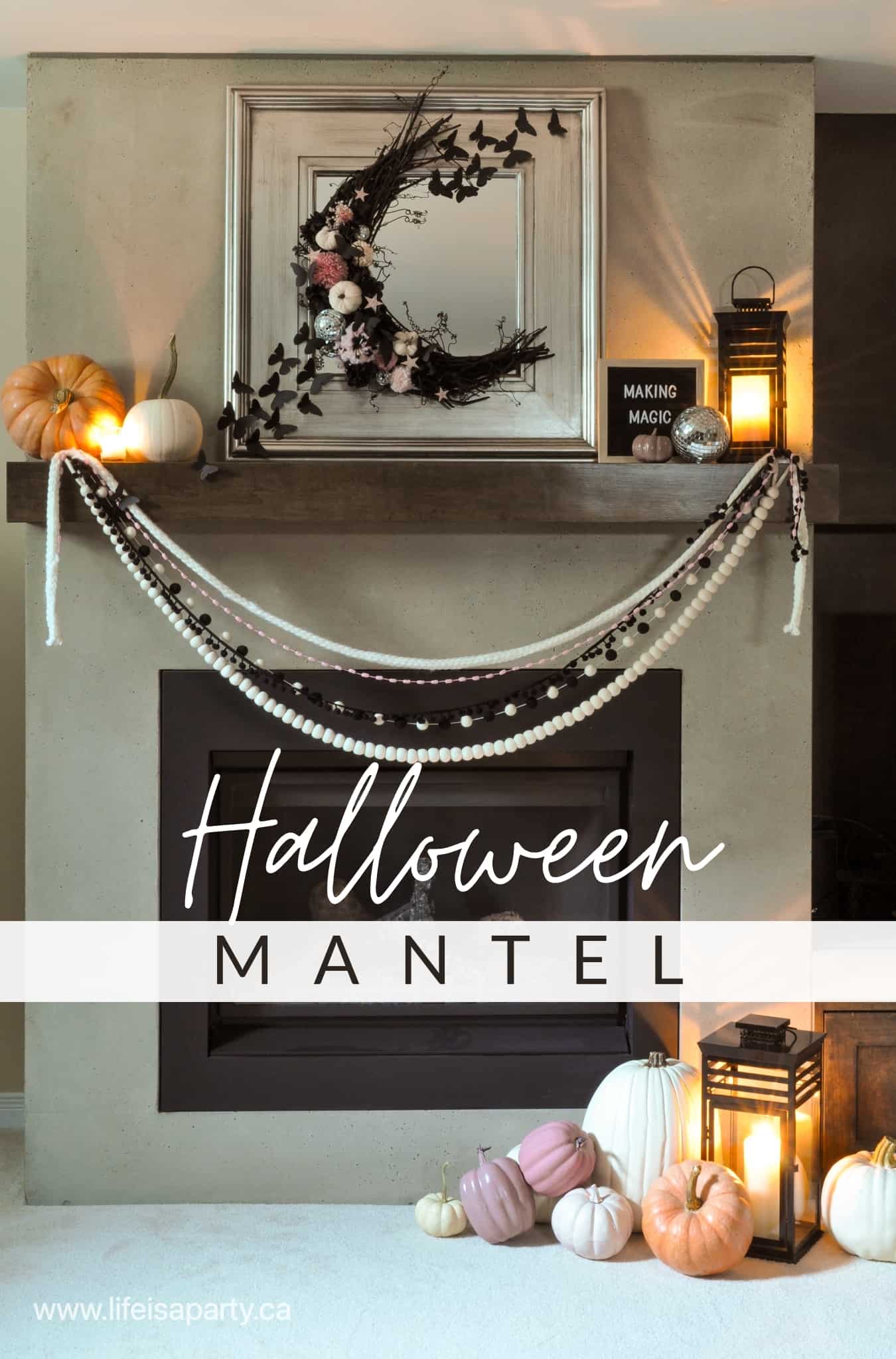 Halloween Mantel Decor: a moon shaped wreath, and flying black butterflies with lots of pumpkins and lanterns are perfect for Halloween.