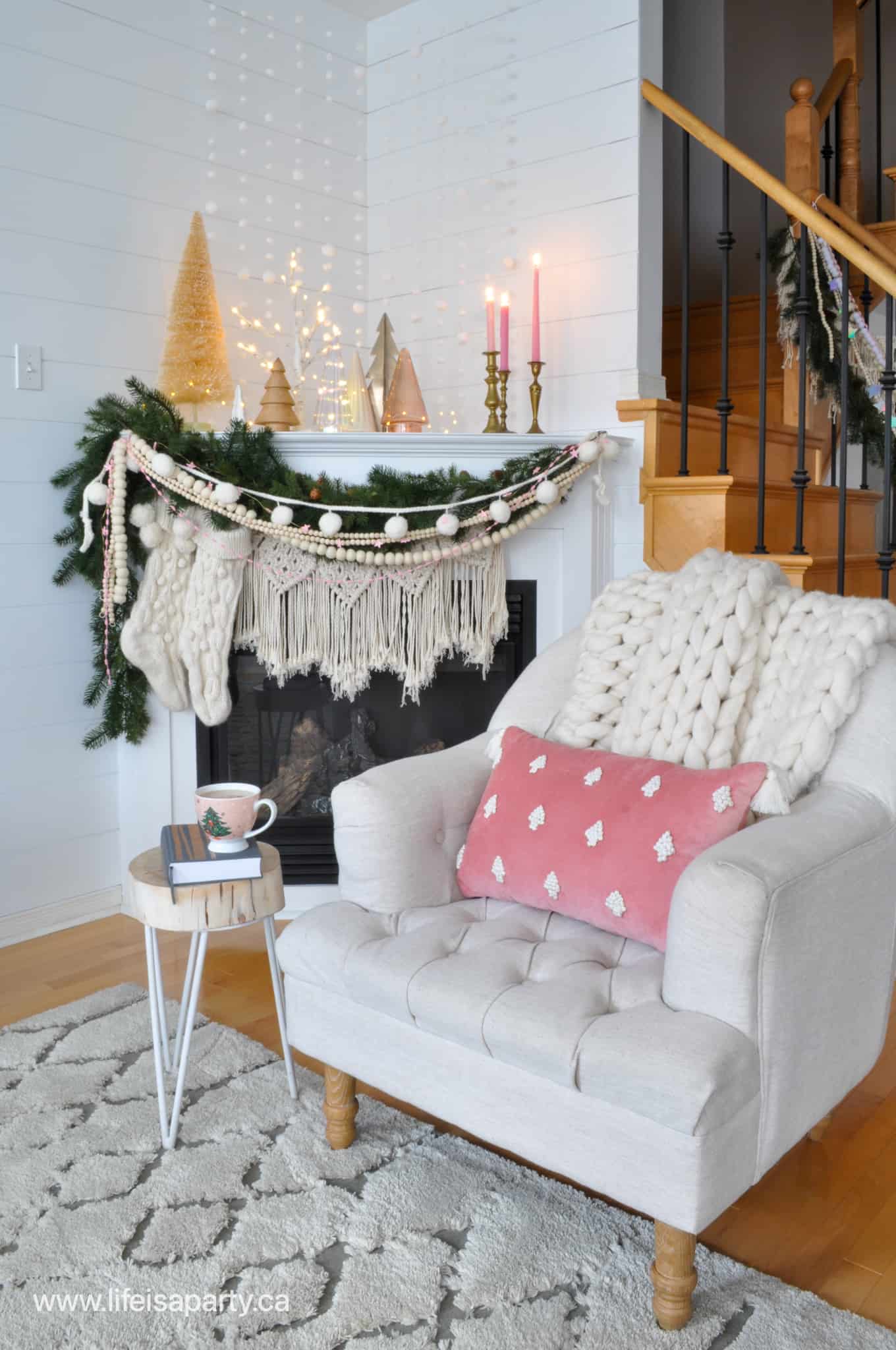 pink Christmas decor ideas fireplace mantel
