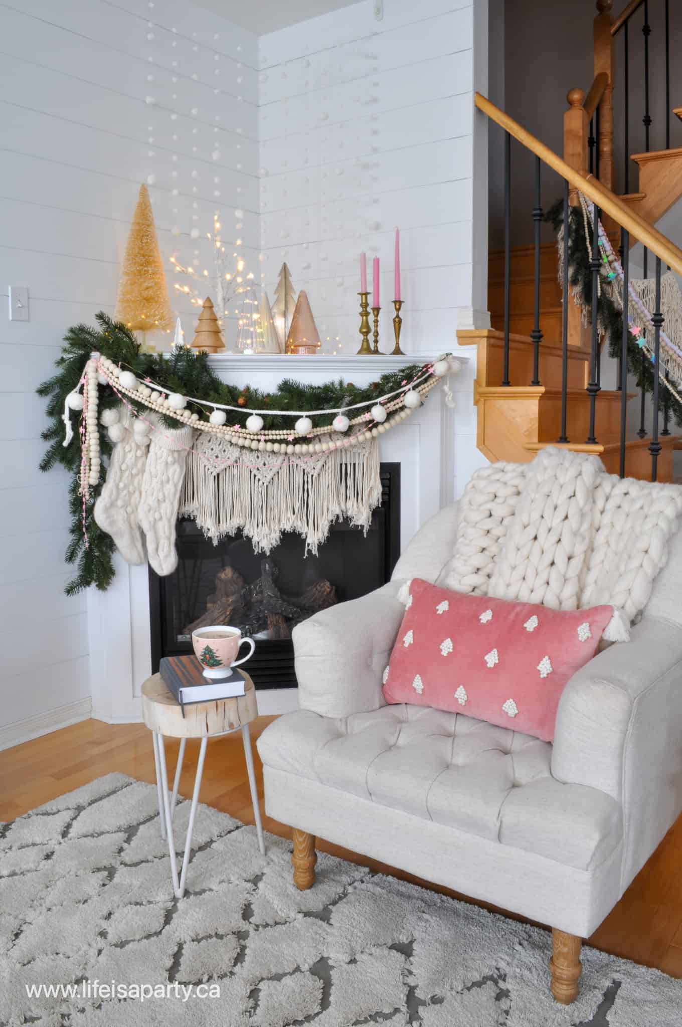 pink Christmas decor fireplace mantel