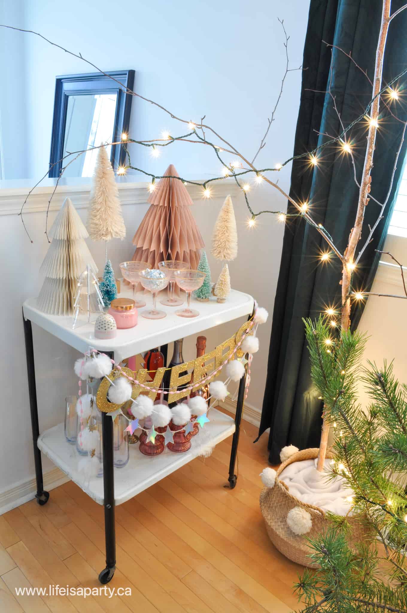 how to decorate a bar cart for Christmas