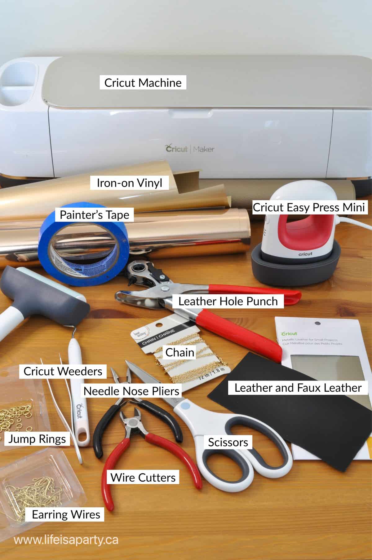 Labelled picture of the materials need to create earrings with the Cricut.