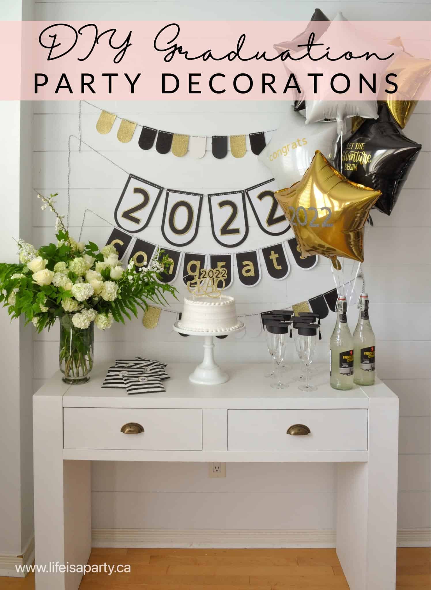 DIY Graduation Party Decorations: use your Cricut to create banners, custom stickers, a cake topper and balloon decals.
