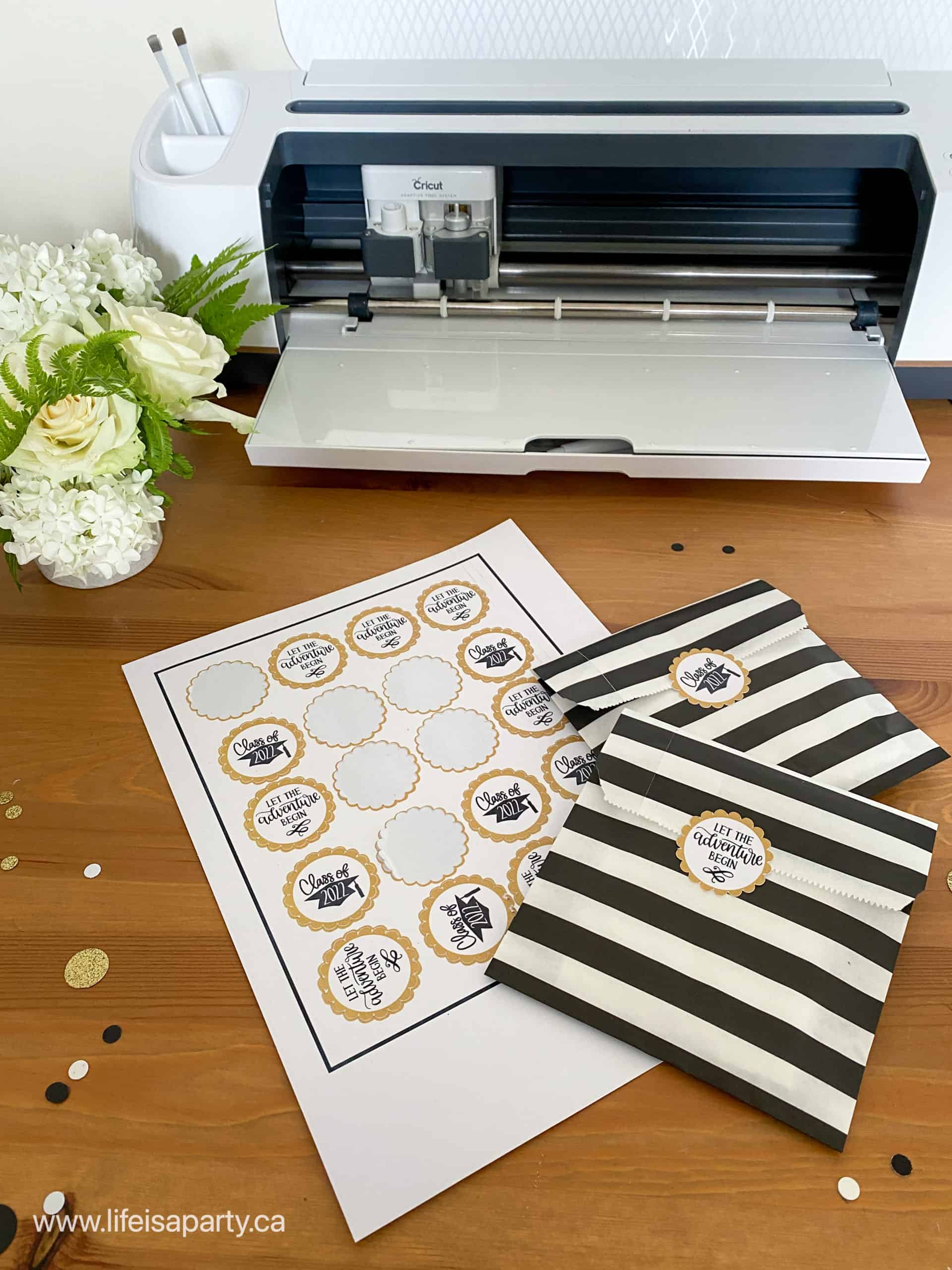 DIY Graduation Party Decorations: use your Cricut to create banners, custom stickers, a cake topper and balloon decals.