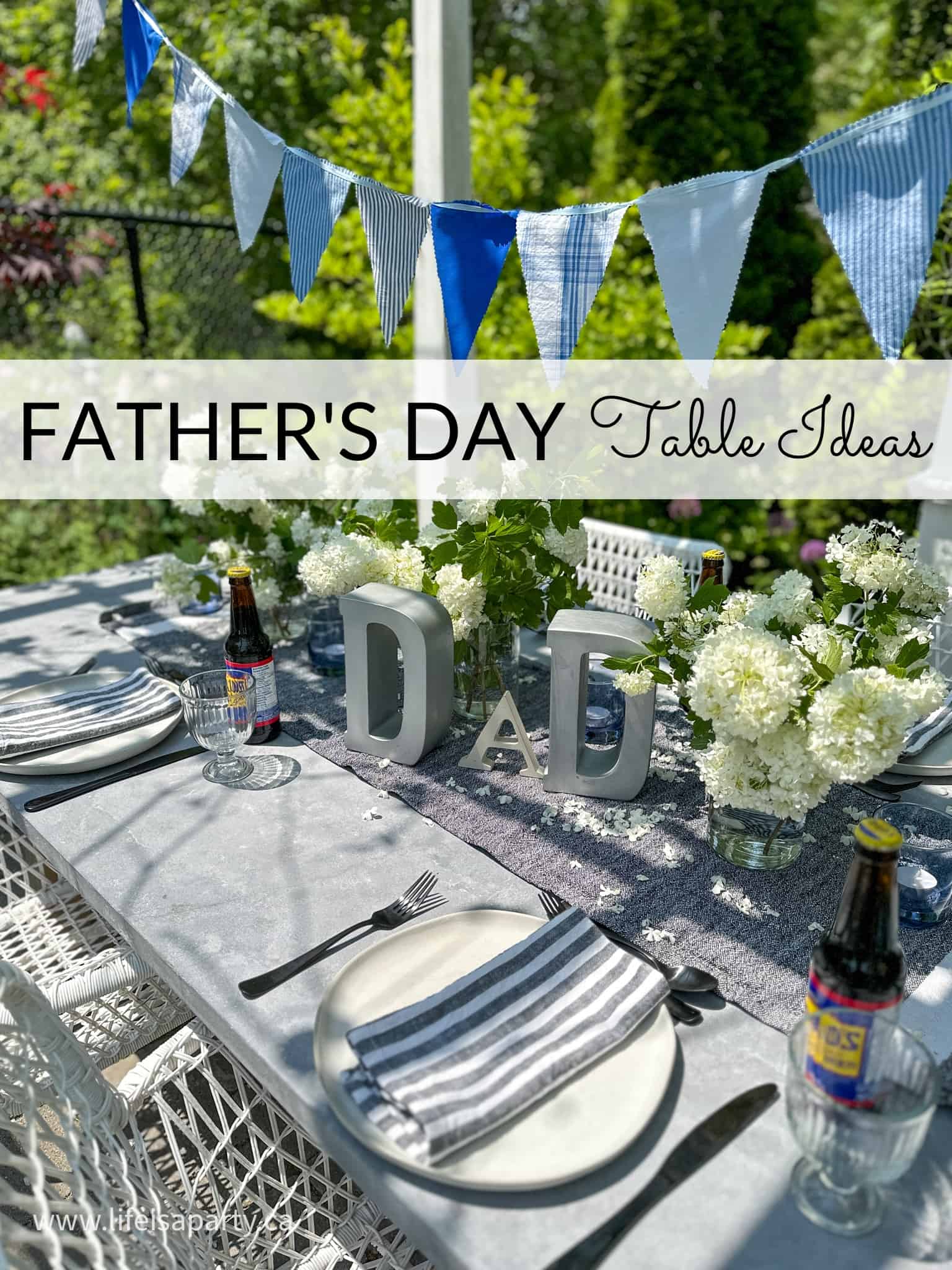 Easy Father's Day Table Setting Ideas: Fathers day table ideas that are simple, and masculine, and inspired by men's wear with DIY bunting.