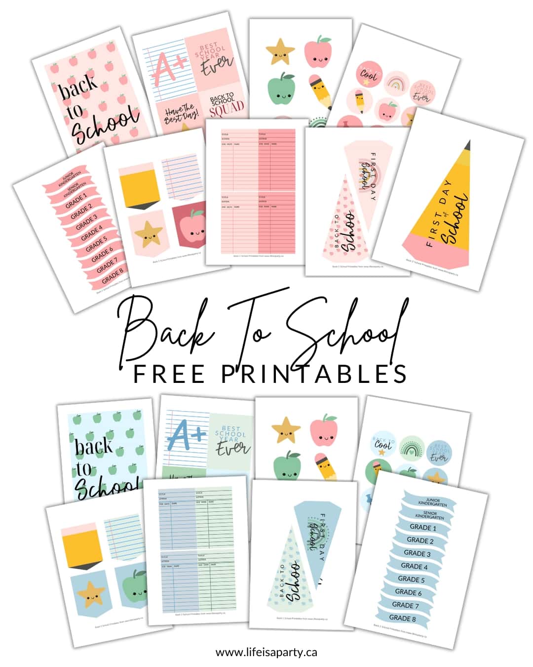Back To School Free Printables: pennant flags, lunch box notes, pencil party hats, banners, cupcake picks and more in pink or blue.