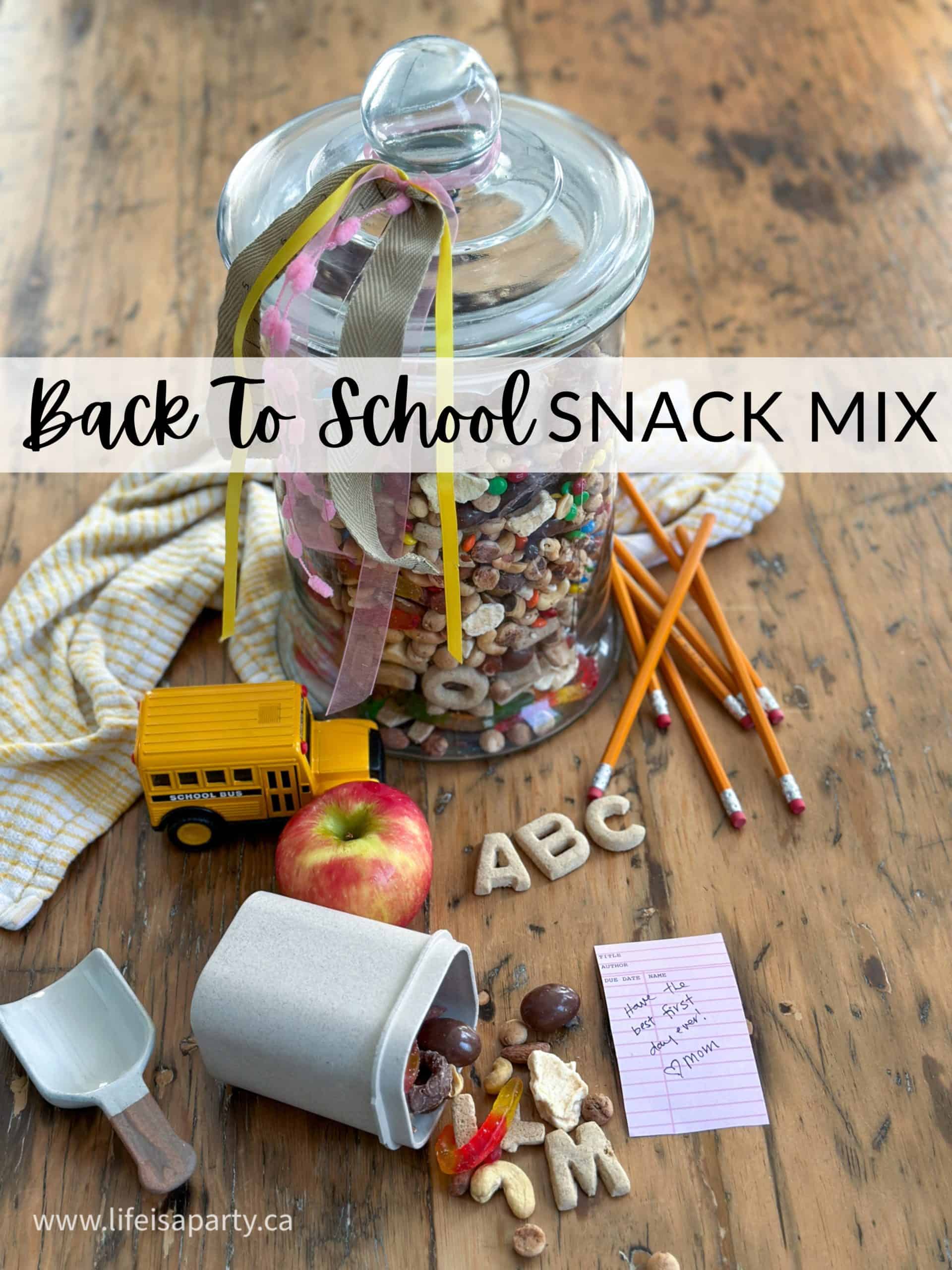 Back To School Snack Mix: alphabet cookies, book worm gummy worms, freeze dried apples, mini cookies, and more make this the perfect treat.