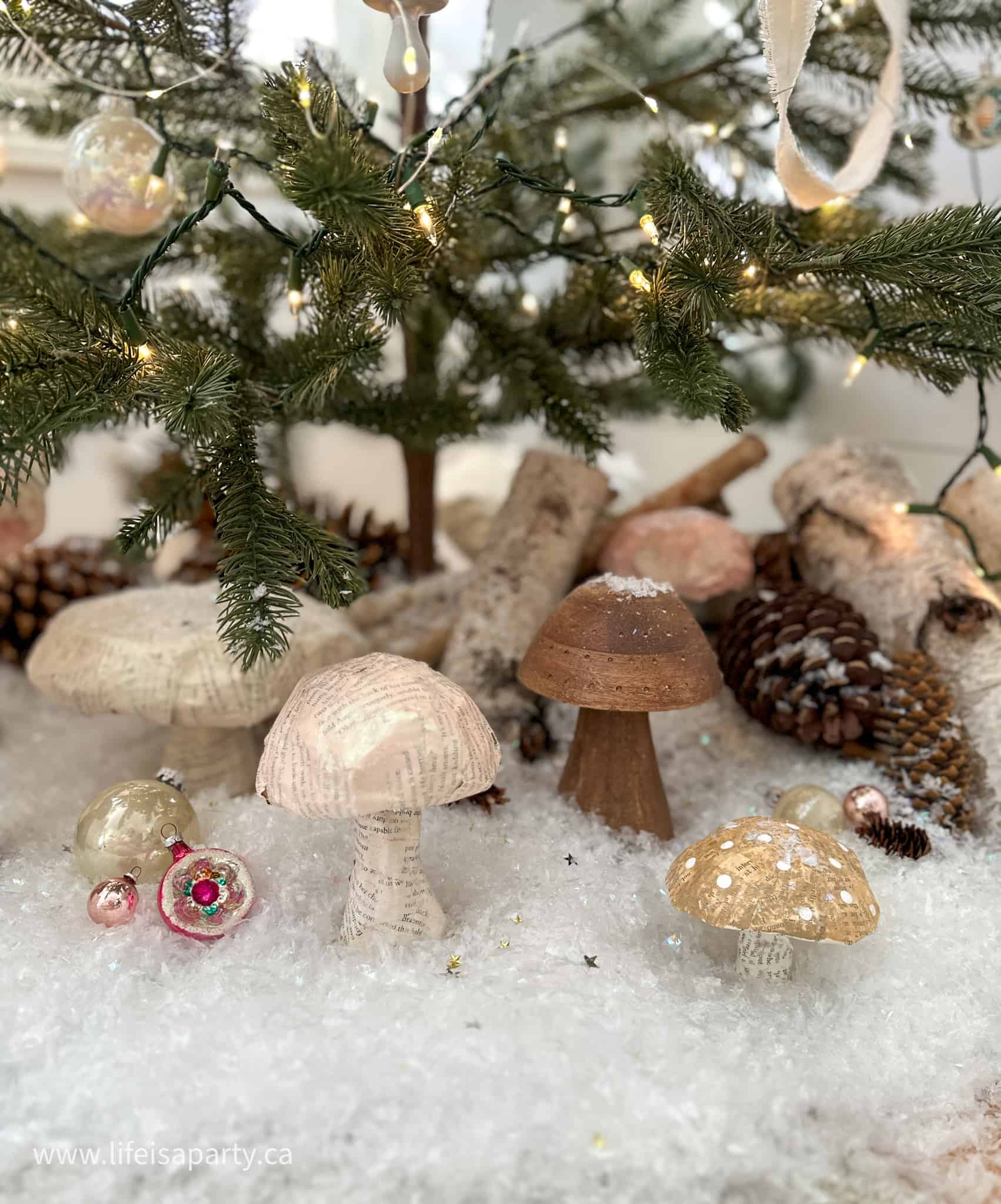mushrooms under a Christmas tree