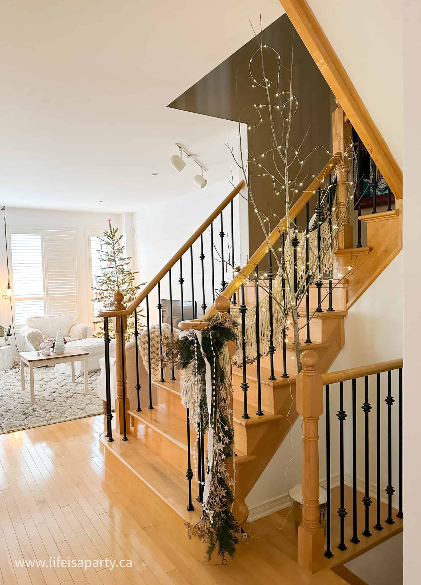 stairs decorated for Christmas