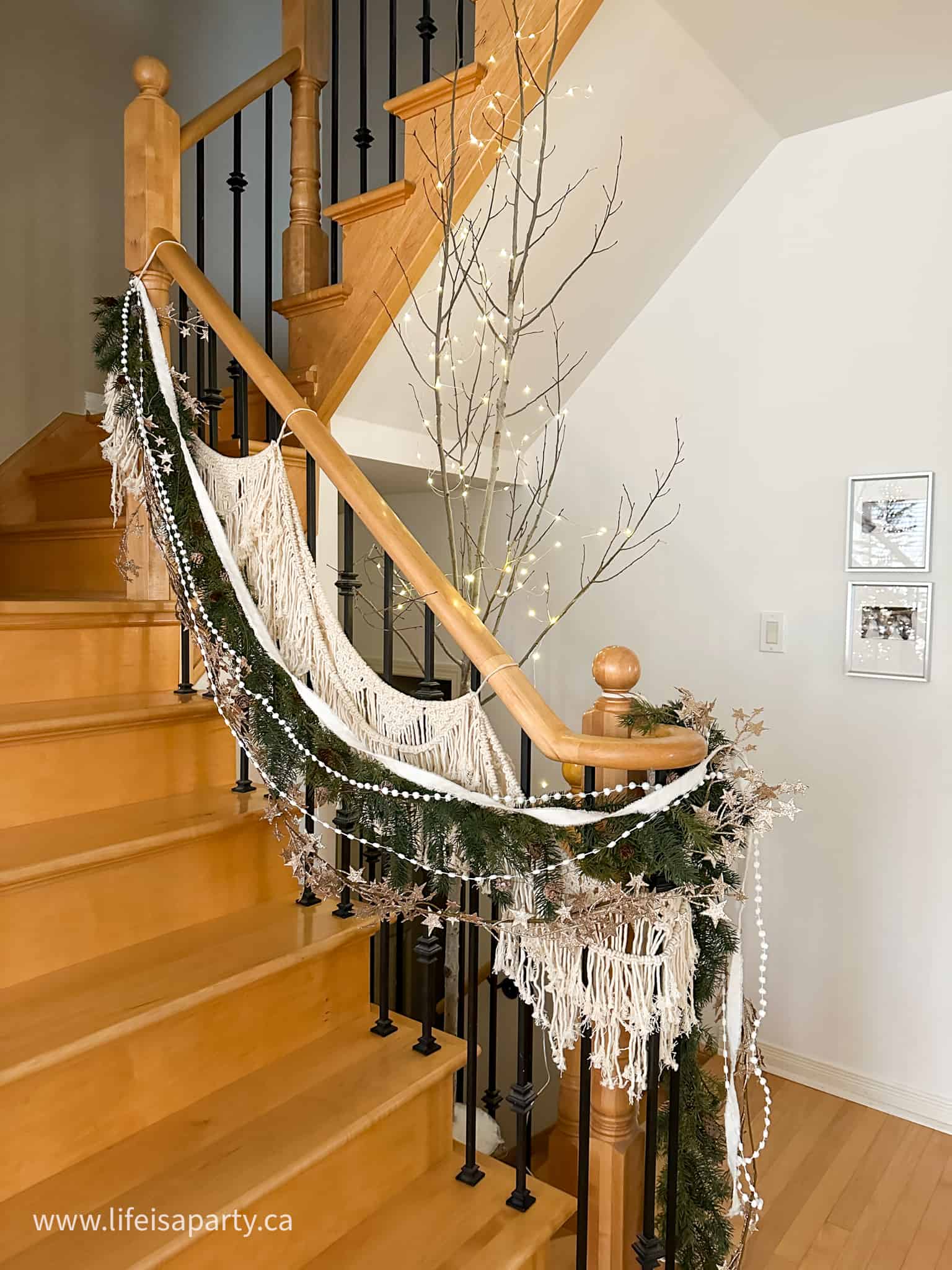 stairs decorated for Christmas cottagecore